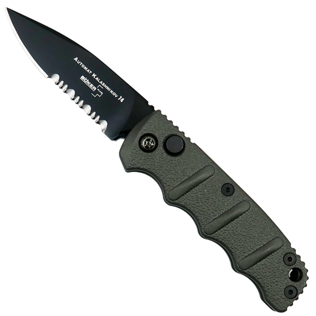 Boker Grey Mini Kalashnikov Auto Knife, D2 Black Combo Blade 3 Boker Grey Mini Kalashnikov Auto Knife, D2 Black Combo Blade