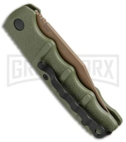 Boker Kalashnikov Desert Warrior Bowie Automatic Knife - Copper Plain -Knives Shop Boker Kalashnikov Bowie Auto Desert Warrior OD Green Copper 01KALS22N BHQ 17106 jr side 2 large