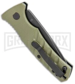 Boker Mini Strike Automatic Knife OD Green - Drop Point Black SW Plain -Knives Shop Boker Mini Strike Auto OD Green Smokewash 01BO437NSOI BHQ 99630 jr side large
