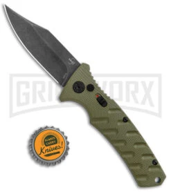 Boker Plus Strike OD Green Automatic Knife - Bowie Black Stonewash Plain -Knives Shop Boker Plus Strike Bowie Auto OD Green Black Wash BHQ 125301 jr bottlecap large