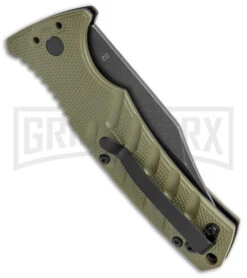 Boker Plus Strike OD Green Automatic Knife - Bowie Black Stonewash Plain -Knives Shop Boker Plus Strike Bowie Auto OD Green Black Wash BHQ 125301 jr side large