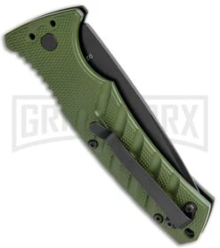 Boker Plus Strike OD Green Automatic Knife - Drop Point Black Plain -Knives Shop Boker Plus Strike DP Auto OD Green Black BHQ 97033 jr side large