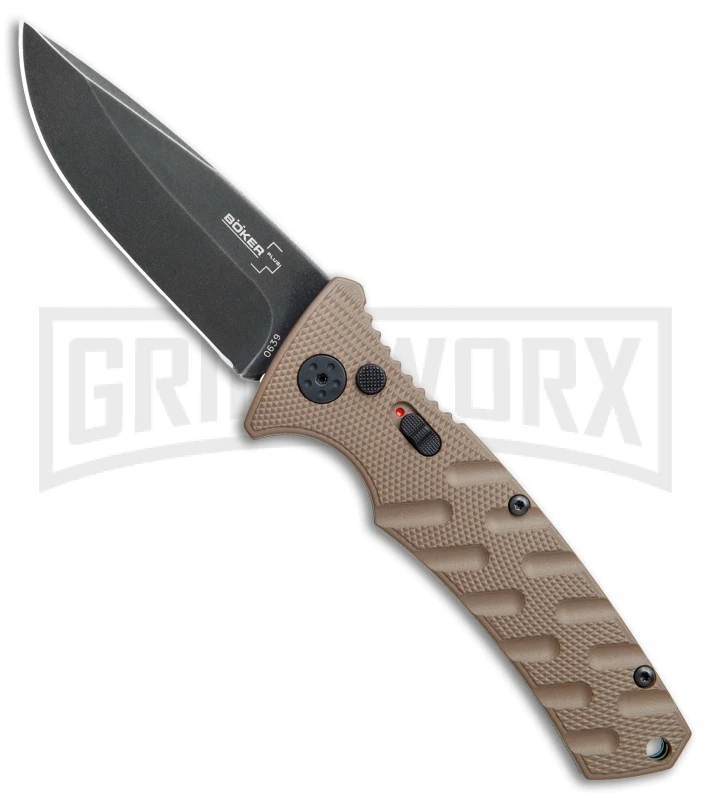 Boker Plus Strike Coyote Brown Automatic Knife - D2 Drop Point Black SW 3 Boker Plus Strike Coyote Brown Automatic Knife - D2 Drop Point Black SW